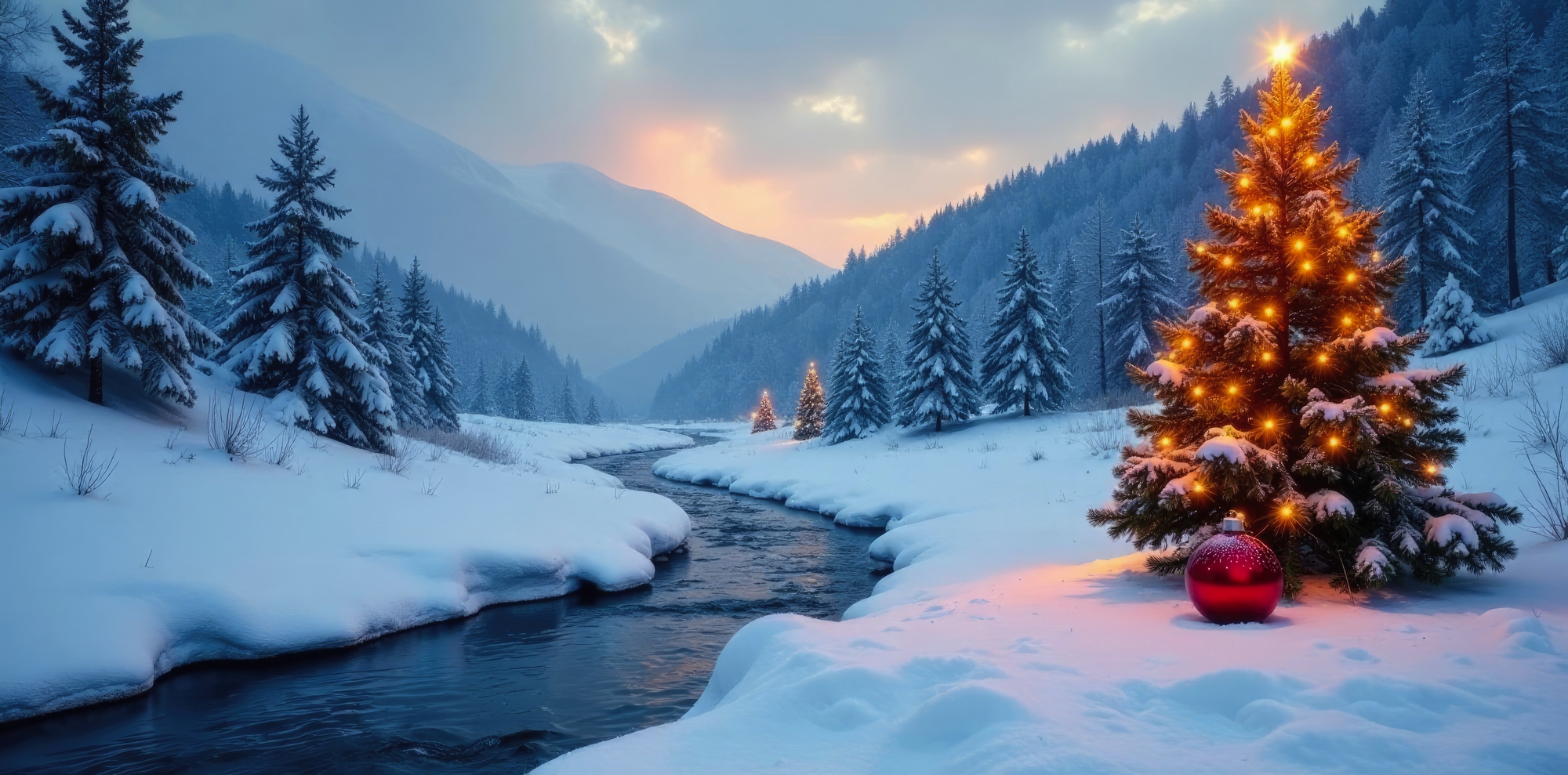 Winterlandschaft mit Weihnachtsbaum neben einem zugefrorenen Bach
