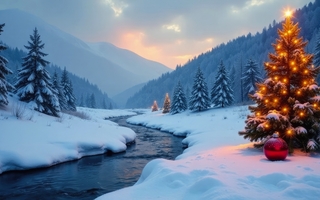 Winterlandschaft mit Weihnachtsbaum neben einem zugefrorenen Bach